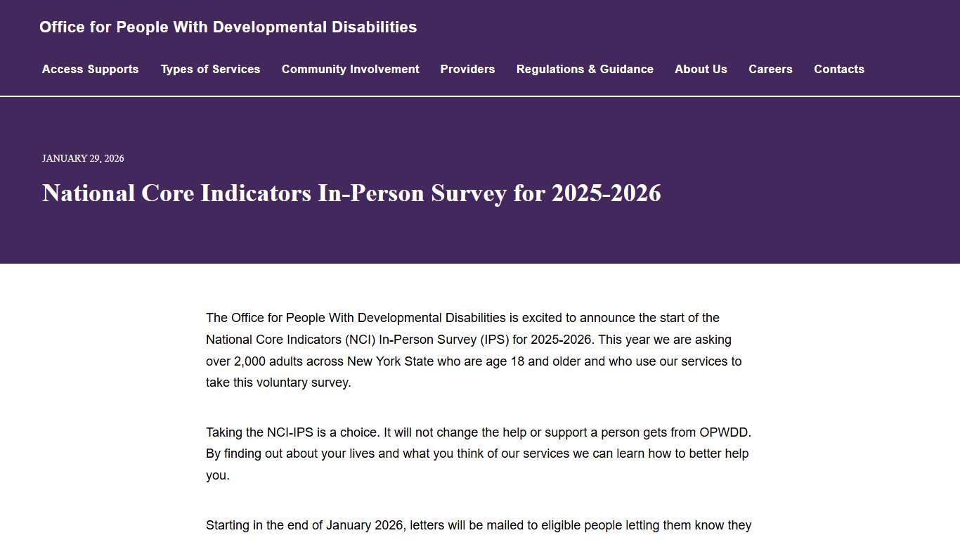 National Core Indicators In-Person Survey for 2025-2026 Office for People With Developmental Disabilities